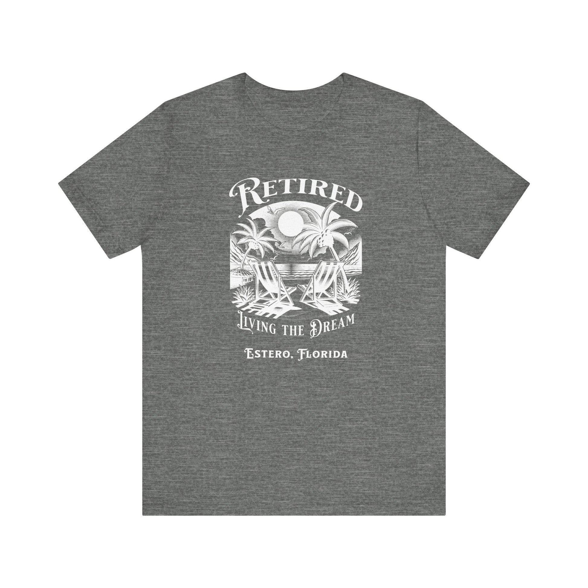 PERSONALIZED! Retired Living the Dream Unisex T-Shirt, Beach Scene, Palm Trees Printify T-Shirt Nordic Seoul Designs LLC