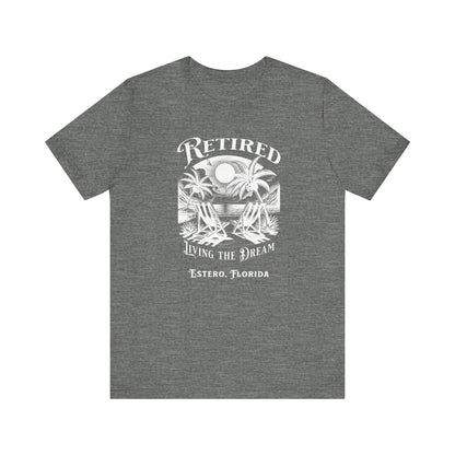 PERSONALIZED! Retired Living the Dream Unisex T-Shirt, Beach Scene, Palm Trees Printify T-Shirt Nordic Seoul Designs LLC