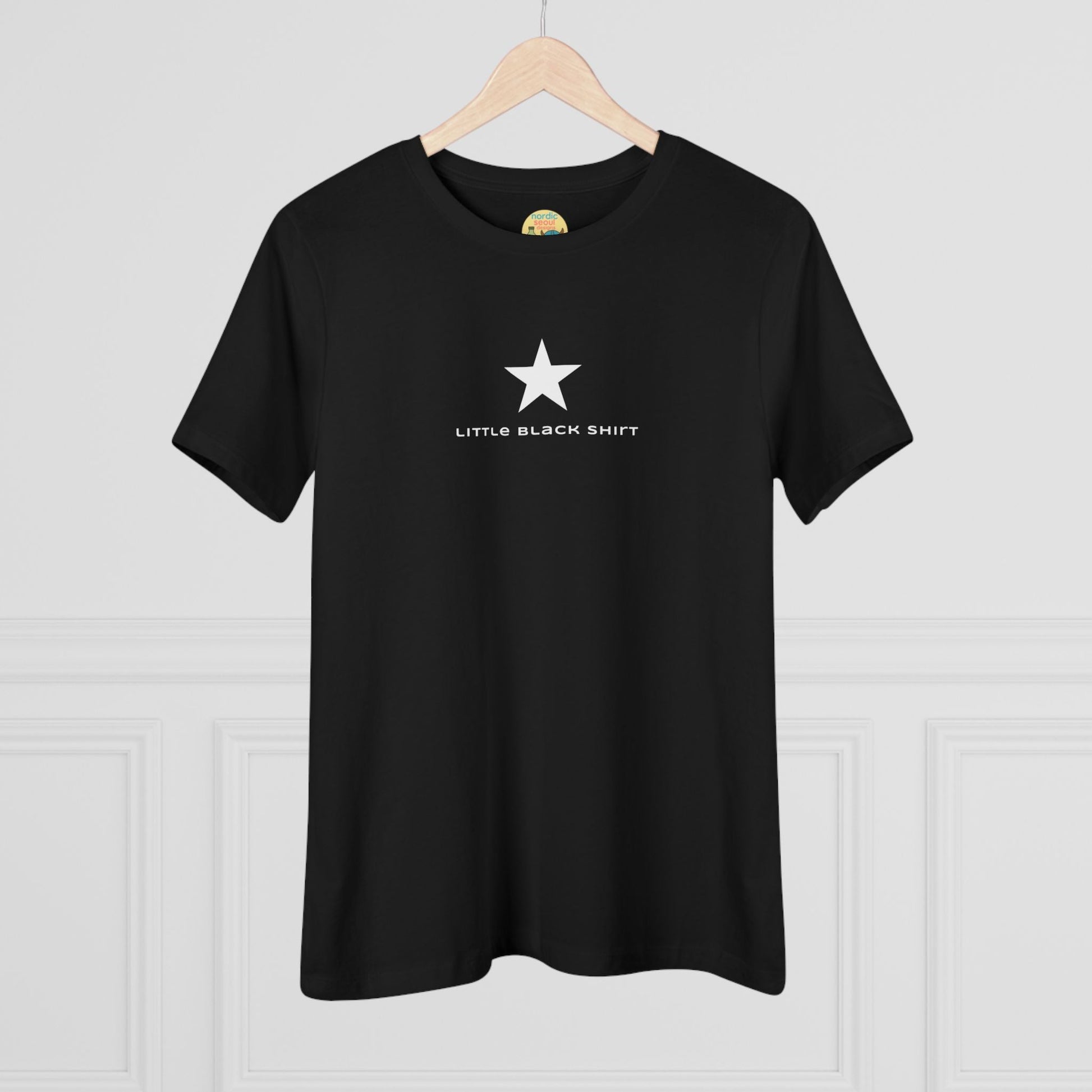 Modern Fit Little Black T-shirt, Star Graphic Women's Tee-Large is 30 inches long Printify T-Shirt Nordic Seoul Designs LLC