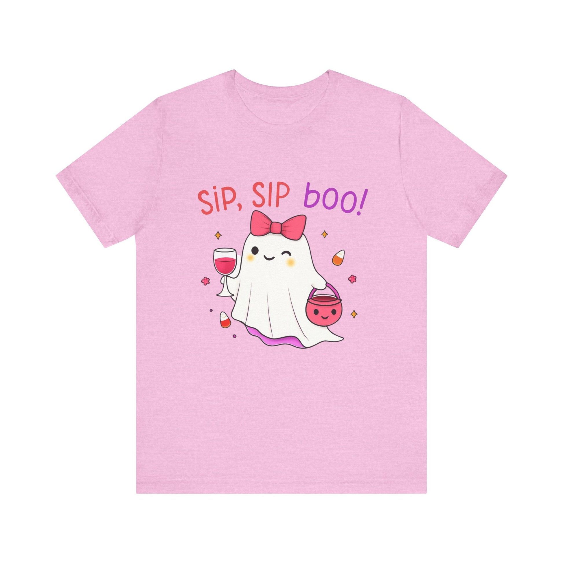 Halloween Cute Ghost T-Shirt with drink- Coquette bow, Sip Sip Boo Printify T-Shirt Nordic Seoul Designs LLC