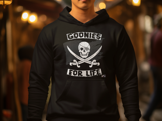 Goonies for Life Hoodie – Skull & Swords Design | Nostalgic 80s Movie Apparel Printify Hoodie Nordic Seoul Designs LLC