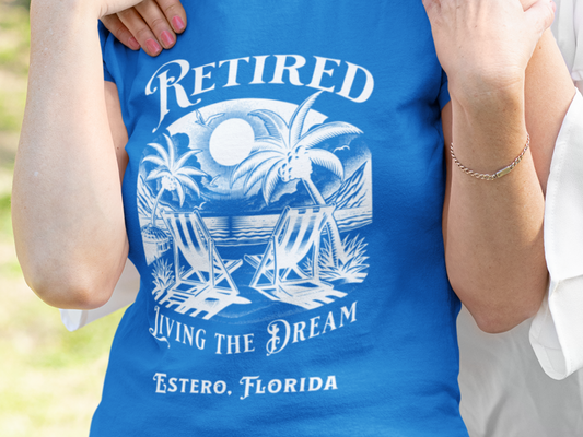 PERSONALIZED! Retired Living the Dream Unisex T-Shirt, Beach Scene, Palm Trees Printify T-Shirt Nordic Seoul Designs LLC